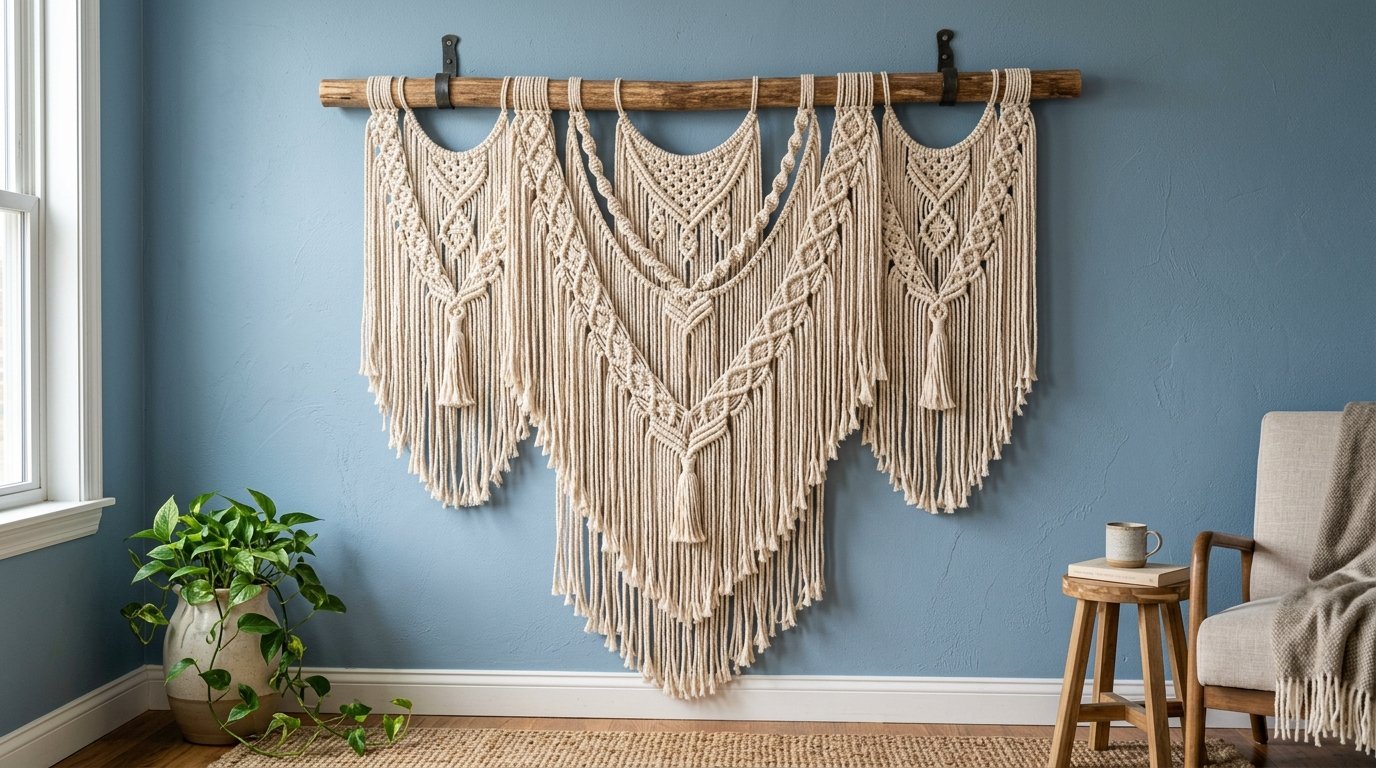 A beige fiber art wall hanging with tassels and geometric knots hanging on a blue wall above a plant and chair.