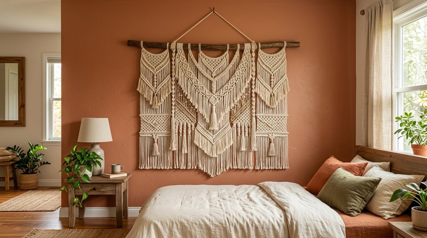 A large cream macrame wall hanging with wooden beads hangs above a bed on a terracotta colored wall.