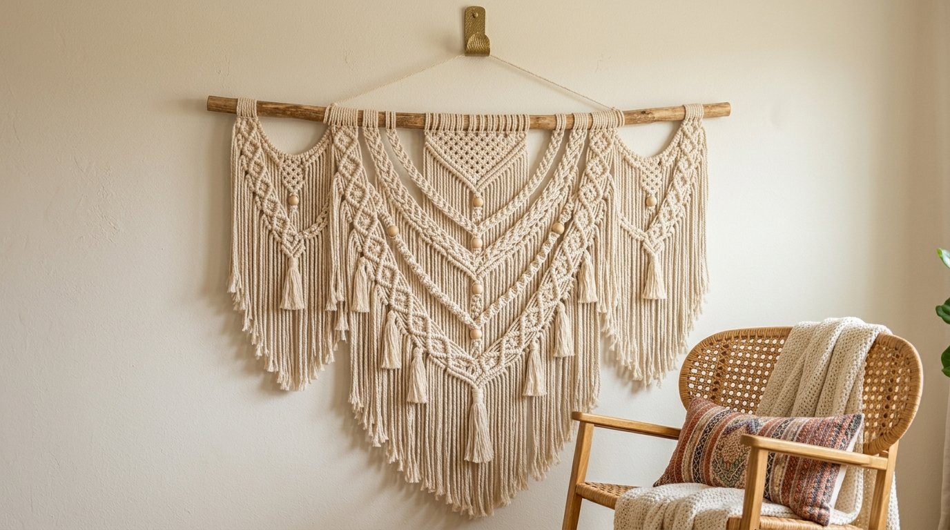 Large fiber art piece with wooden beads and tassels mounted on a wooden branch on a cream wall.