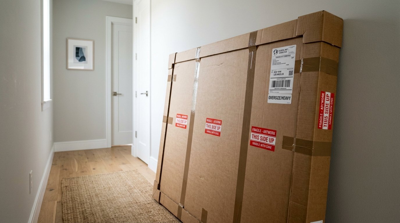 Oversized, fragile-labeled shipping box standing upright on a hallway floor.