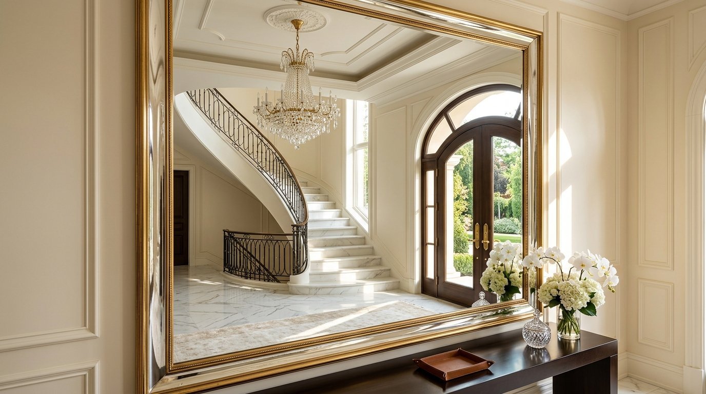 A rectangular mirror with a gold frame hanging in an elegant home entrance, showing a marble staircase reflection.