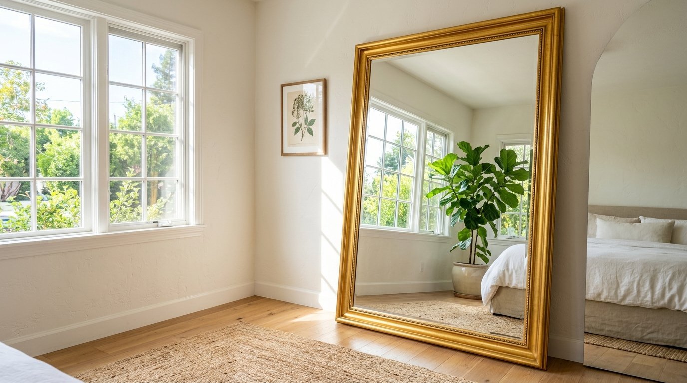 Oversized gilded mirror standing on a wooden floor, reflecting a potted fiddle leaf fig tree and a cozy bed.