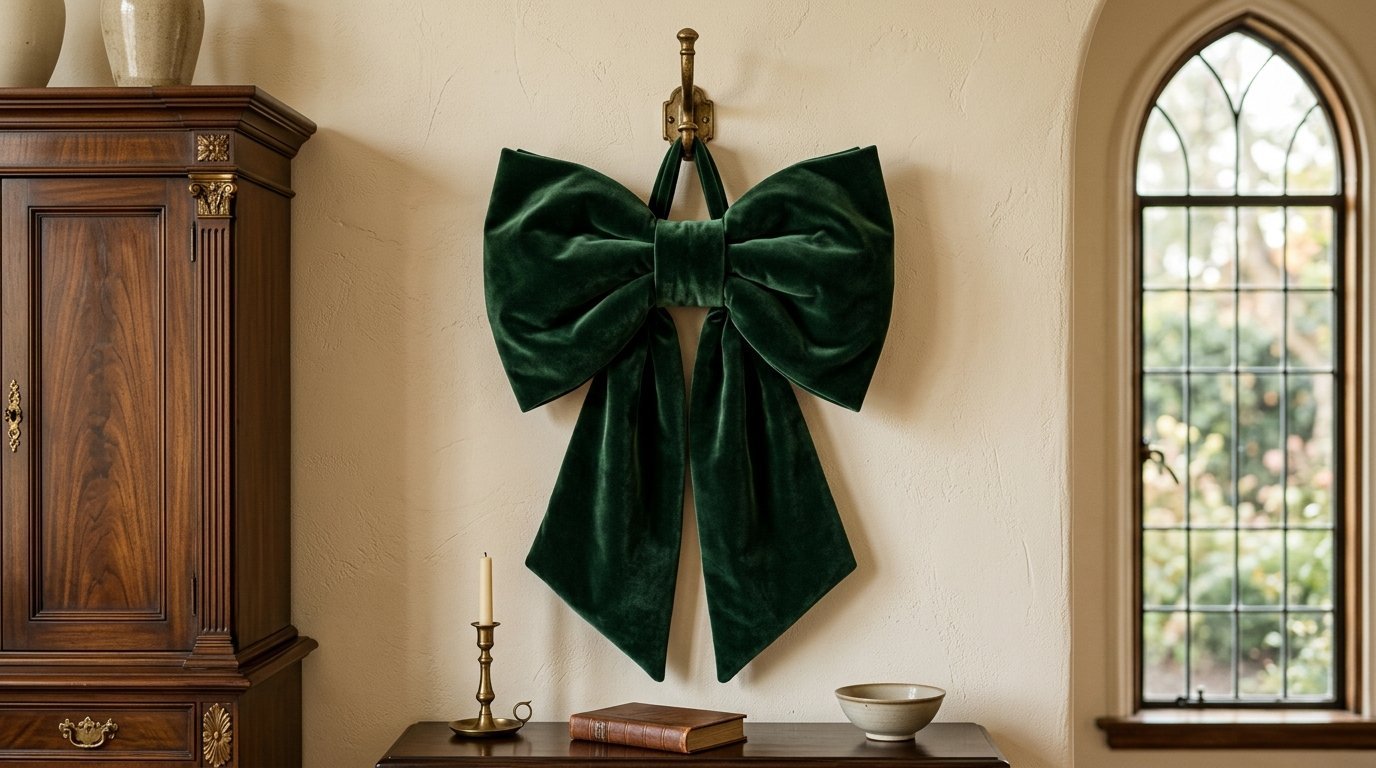 A decorative deep green velvet ribbon bow suspended from a brass hook on a beige wall next to an arched window.
