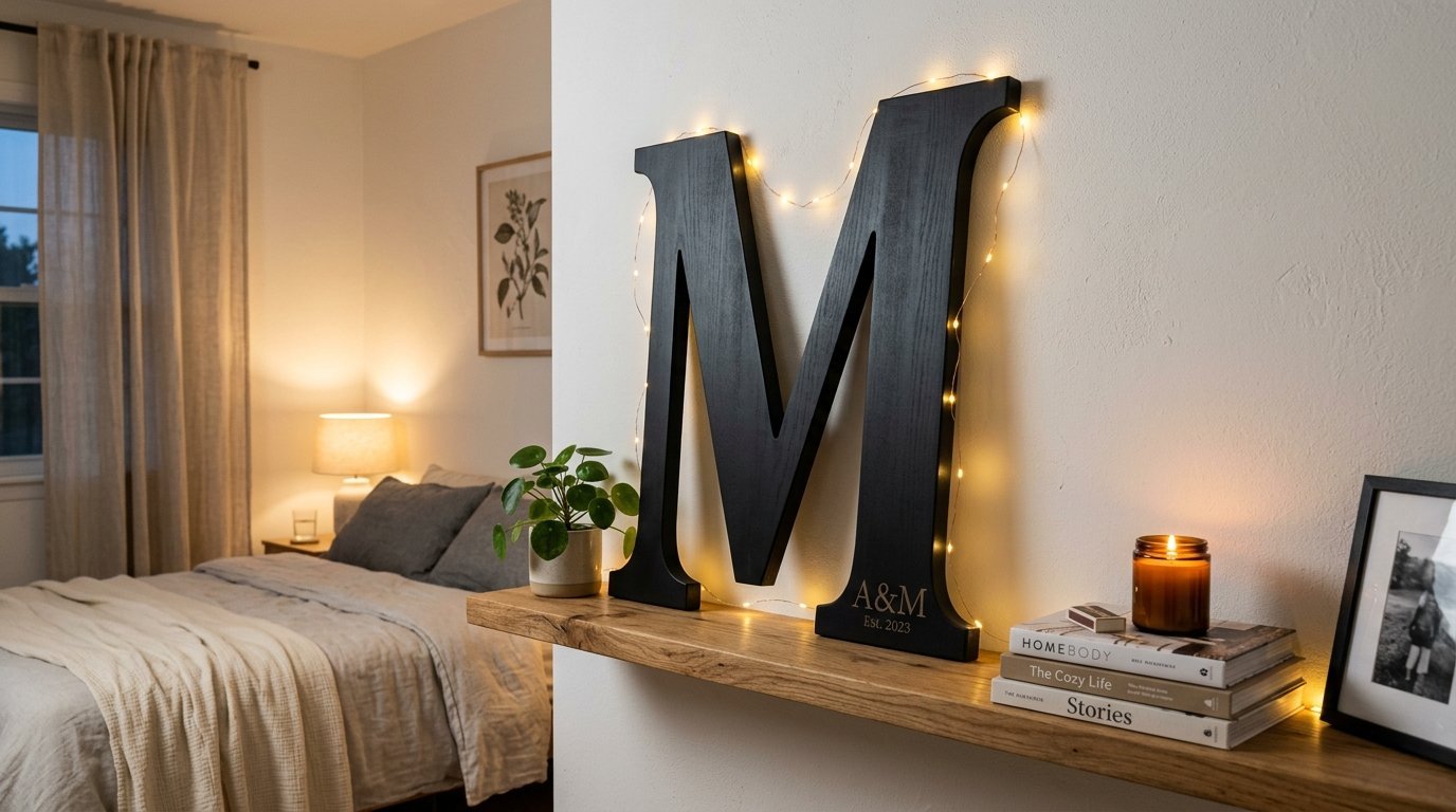 Black letter M decor with fairy lights sitting on a wooden shelf next to books and a candle in a bedroom.