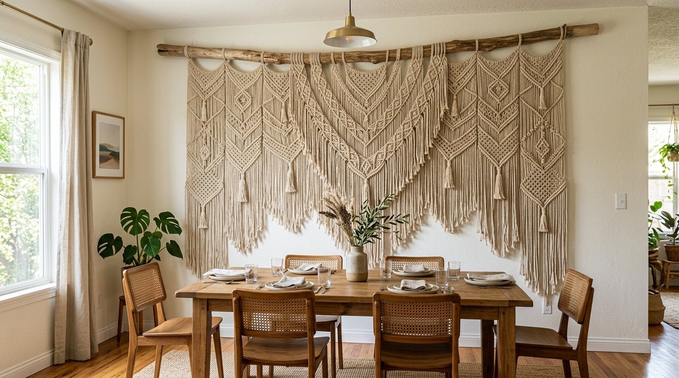 A large cream-colored macrame tapestry hangs on a wall above a wooden dining table with cane back chairs.