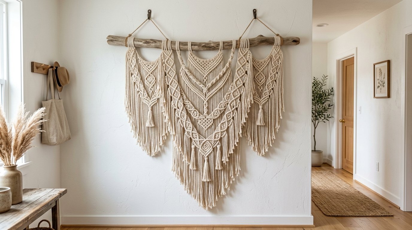 A large, cream-colored knotted macrame tapestry hanging on a white wall above a wooden entryway bench.