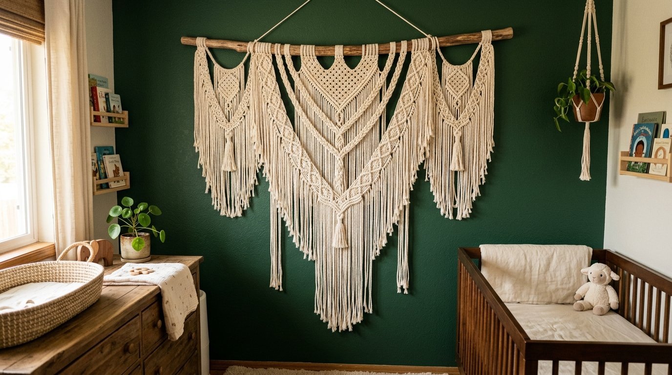 Large woven fiber art hanging above a wooden baby crib in a room with dark green walls.
