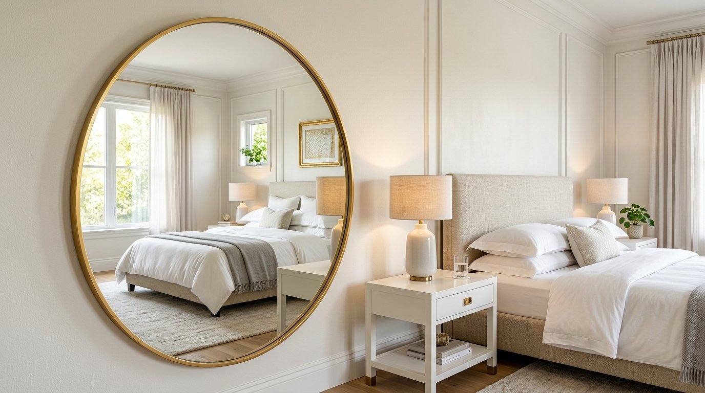 A round gold mirror hangs on a wall, showing the reflection of a bed with white linens and bedside tables.