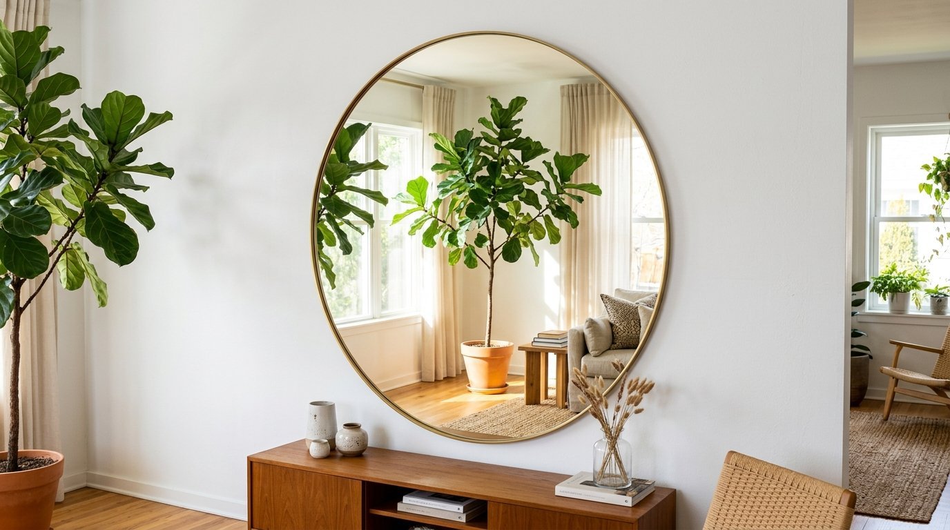 Round gold-rimmed mirror mounted on a white wall above a wooden console table with a plant reflection.