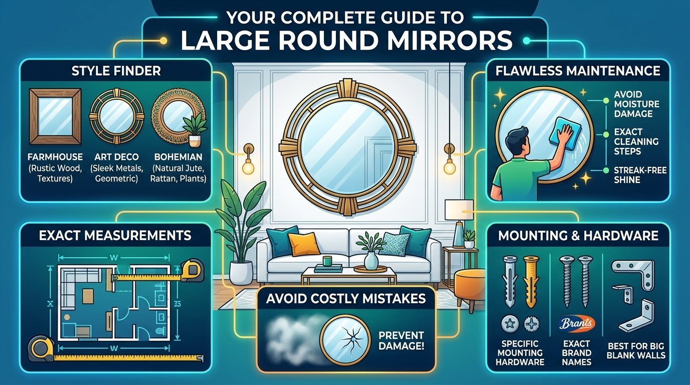 Illustrated guide showing styles, measurements, cleaning tips, and mounting hardware for large circular wall mirrors.
