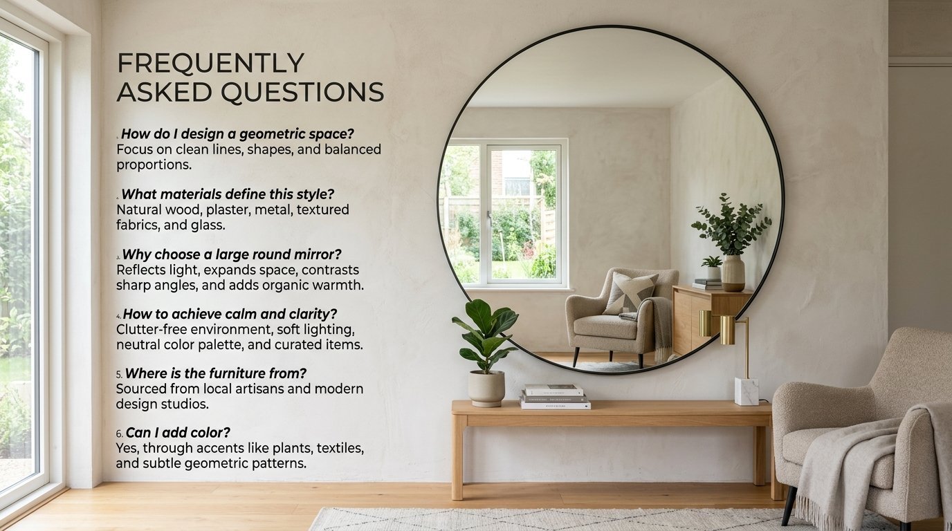 FAQ text next to a modern interior design scene with a large round mirror and beige armchair.