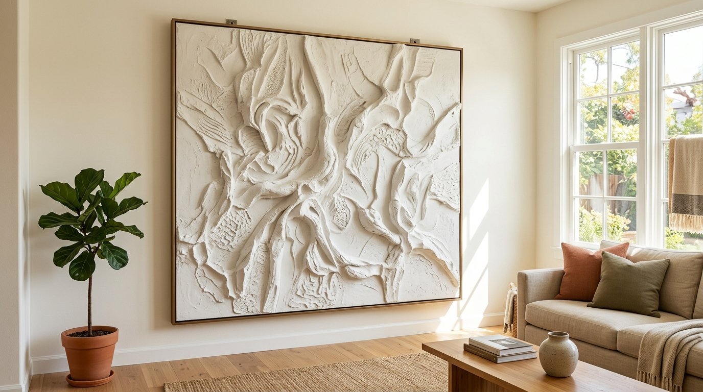 A massive white 3D textured artwork mounted on a wall next to a potted fiddle leaf fig plant.