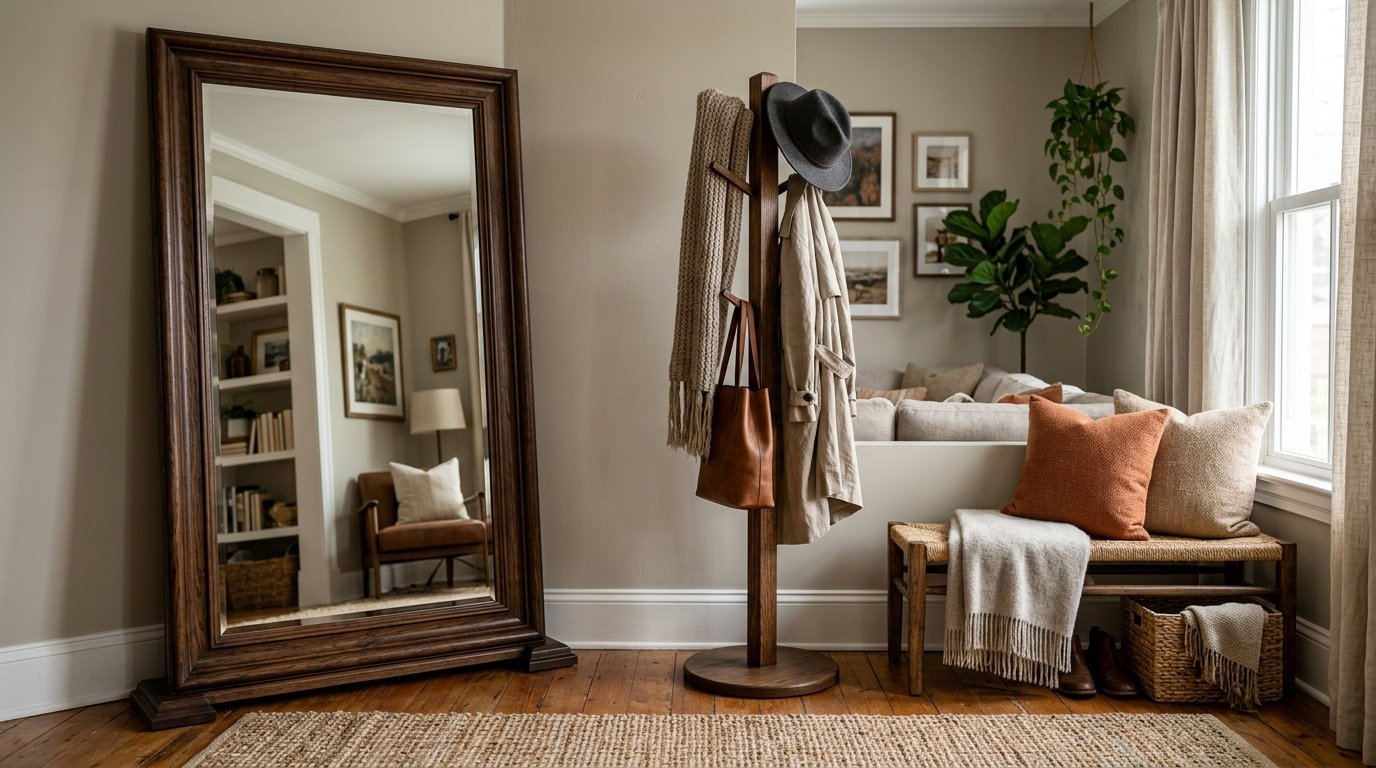 A rustic coat stand holding hats and jackets near a tall wooden floor mirror in a cozy living room.