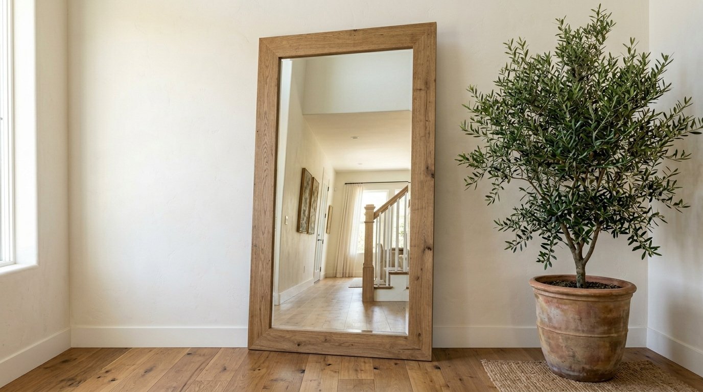 Full length mirror with natural wood frame standing on hardwood floor next to an olive tree in a clay pot.
