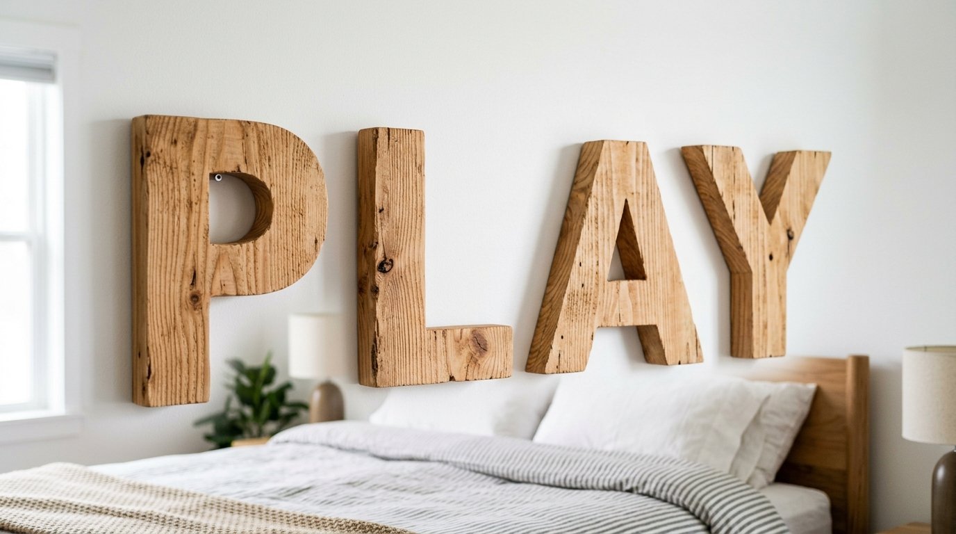 Large, chunky, reclaimed wood letters forming the word PLAY mounted on a plain white bedroom wall above a bed.