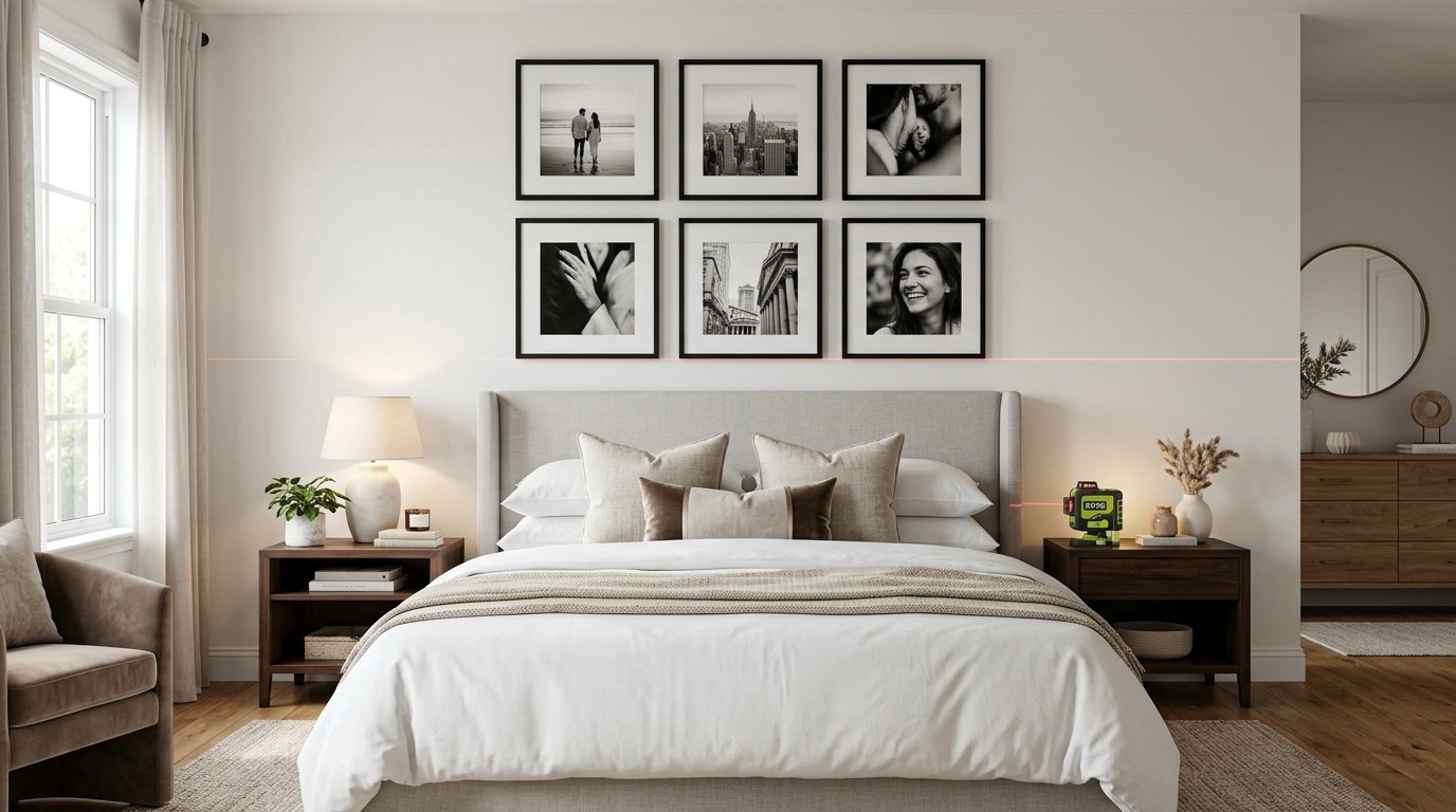 A green laser level tool rests on a nightstand, projecting a straight red line across framed artwork above a bed.
