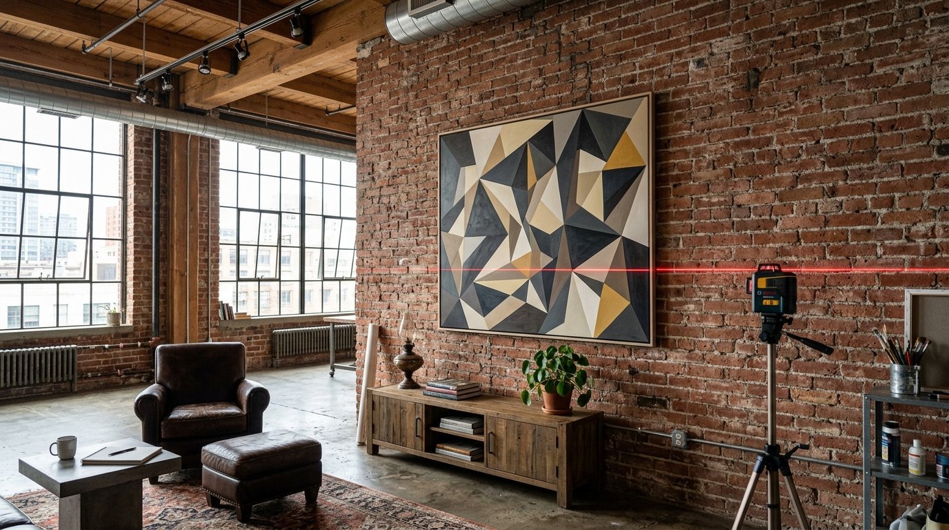 A red laser line marks a painting on a red brick wall inside a bright open-concept loft.