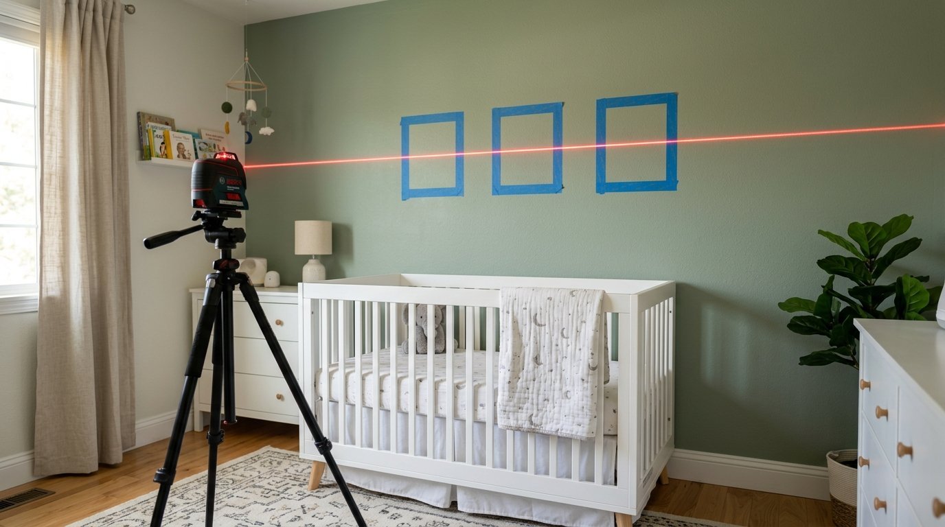 A Bosch laser level on a tripod projects a red line across blue painter's tape rectangles on a sage green nursery wall.