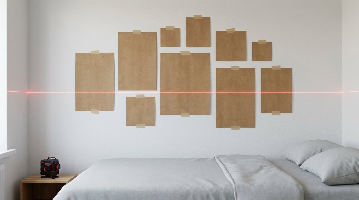 A red laser line crosses blank kraft paper sheets taped to a white bedroom wall for alignment.