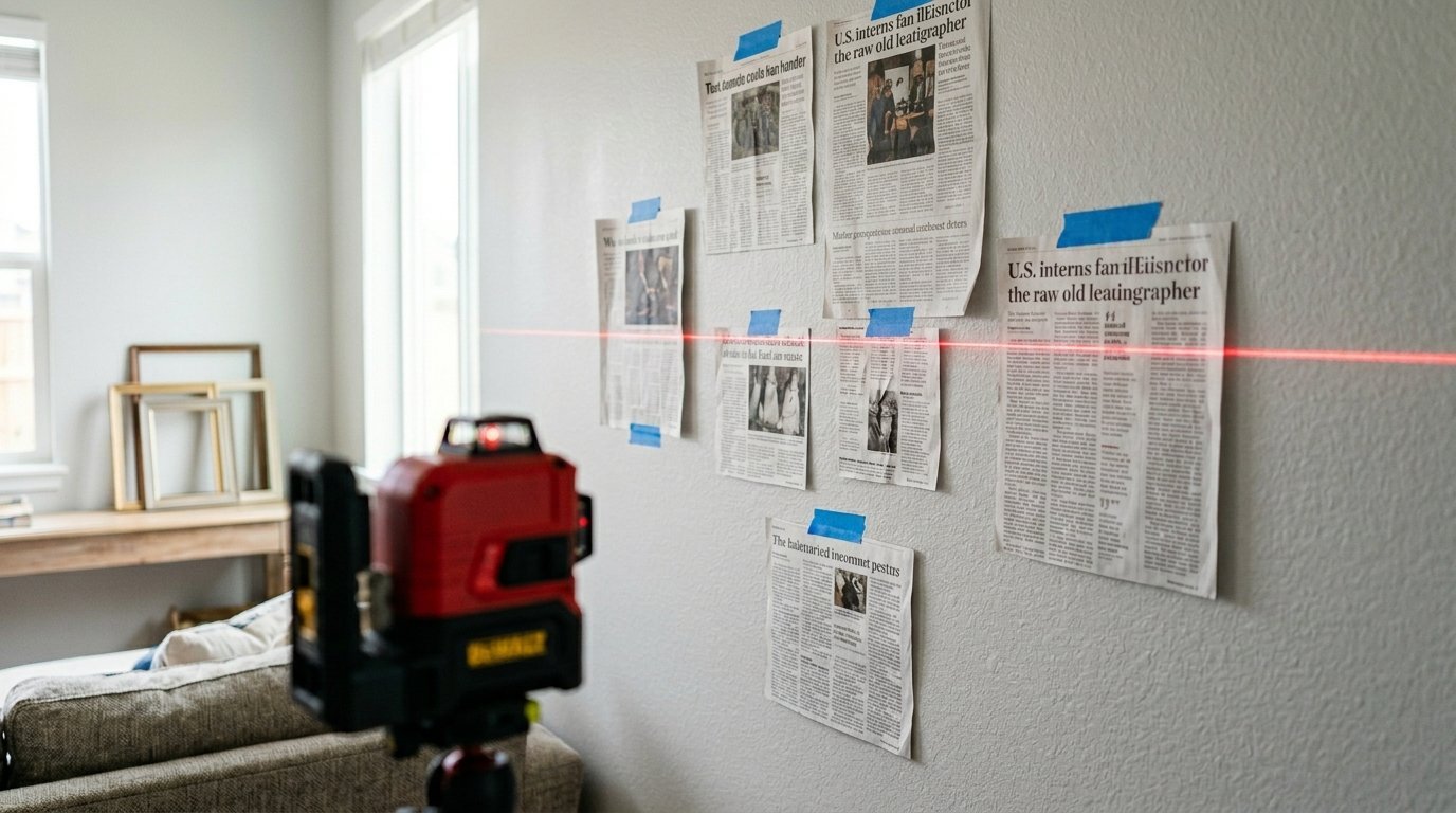 A DeWalt laser level projects a horizontal red line across newspaper clippings taped to a white interior wall.