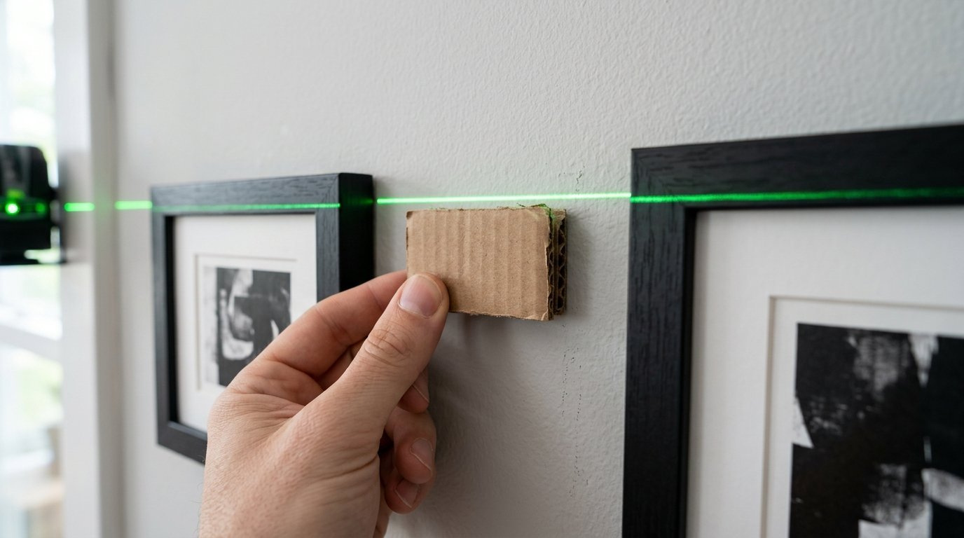 Hand holding a cardboard piece against a wall beneath a green laser level line between two framed pictures.