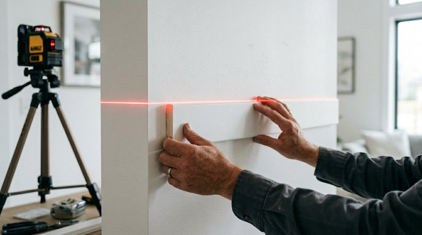 Man's hands positioning a wood trim board against a wall while guided by a red laser line.
