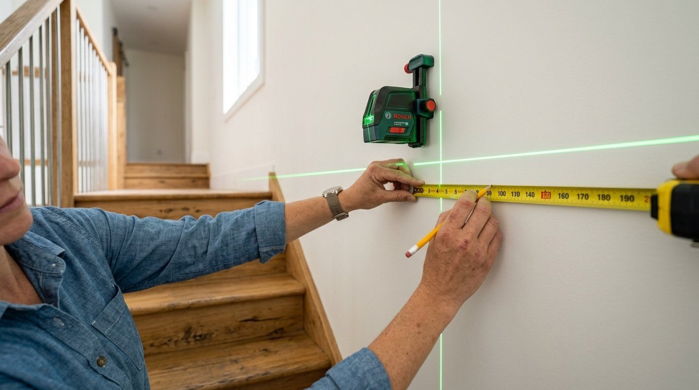 Person using a yellow tape measure and pencil against a green laser level line on a white wall.