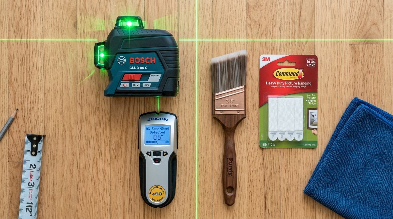 Bosch laser level, Zircon stud finder, Purdy paintbrush, and 3M adhesive strips arranged on a wood floor.