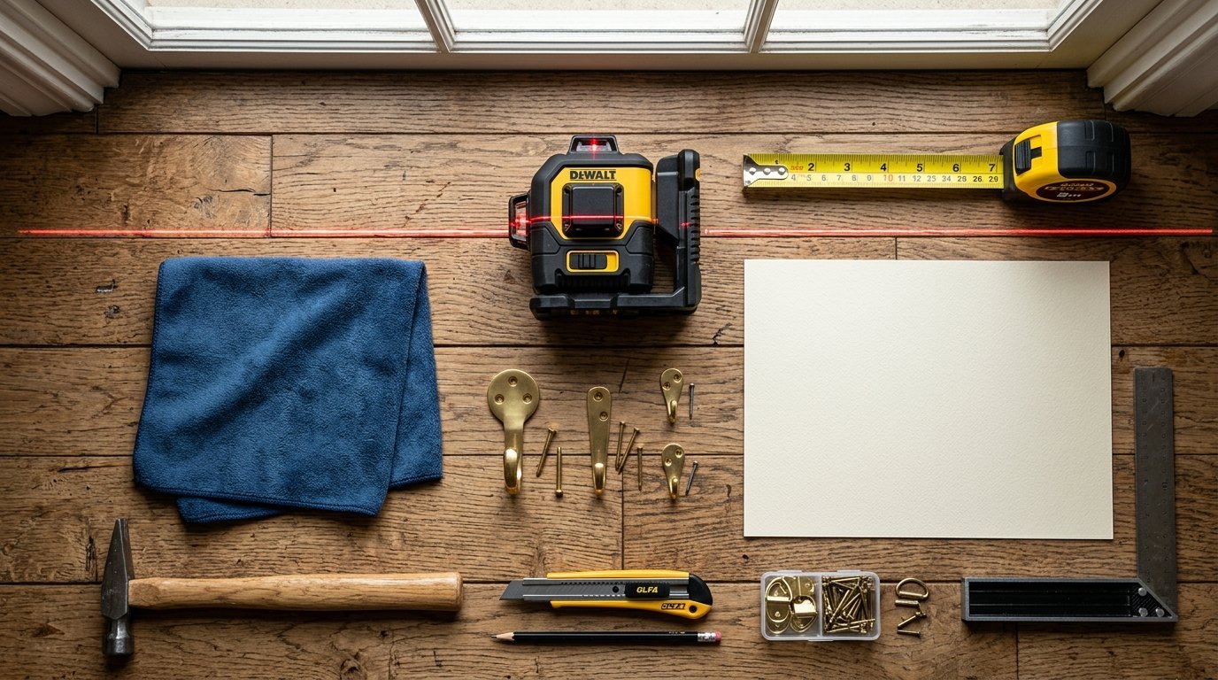 Top-down view of a laser level, tape measure, hammer, hooks, and screws spread out on a wooden floor.