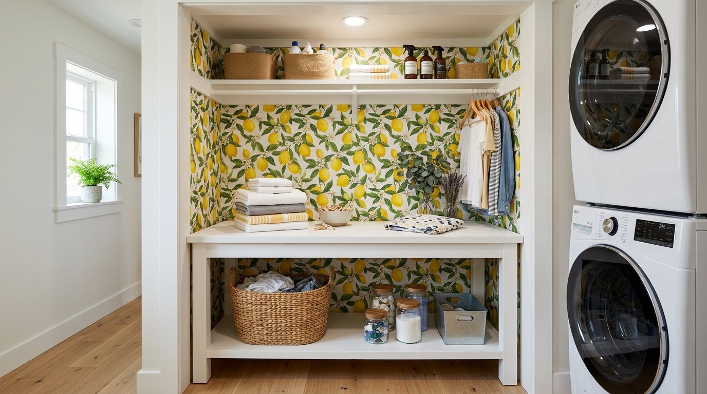 A recessed laundry area with a white folding table, woven baskets, and yellow lemon-patterned wallpaper.