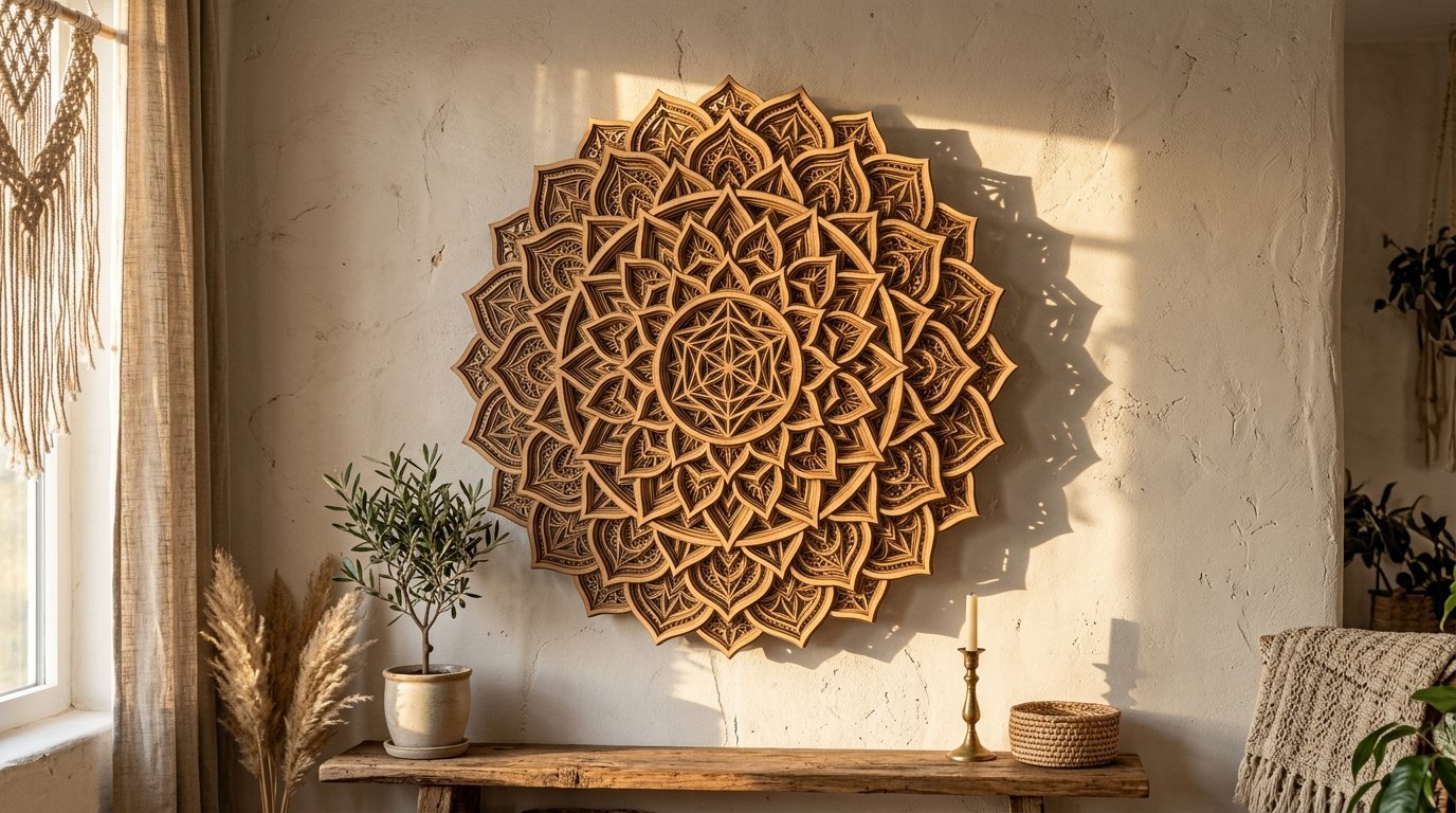 A multi-layered circular wooden mandala sculpture hanging above a rustic wooden bench in a sunlit living room.