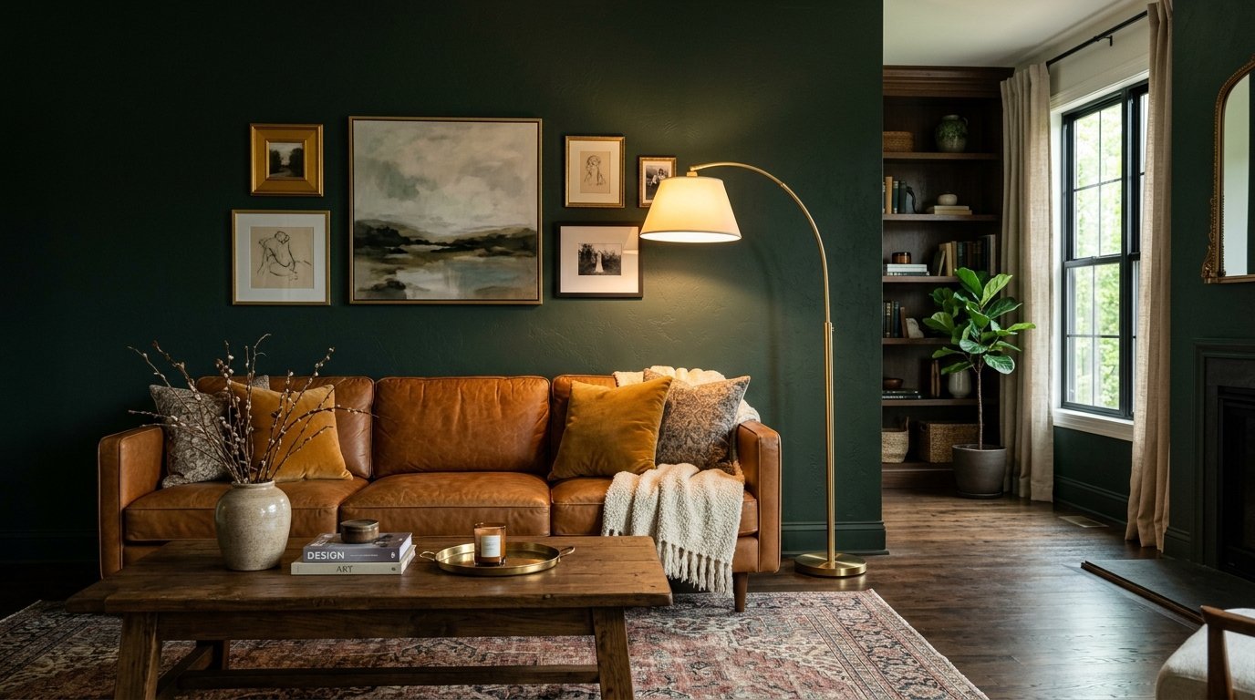 Tobacco leather couch with textured pillows against a deep green wall with gold floor lamp and gallery wall art.
