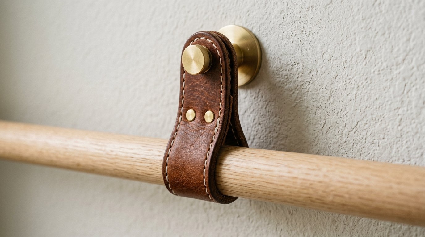 Close-up of a brown leather loop holding a light wooden bar against a textured off-white wall.