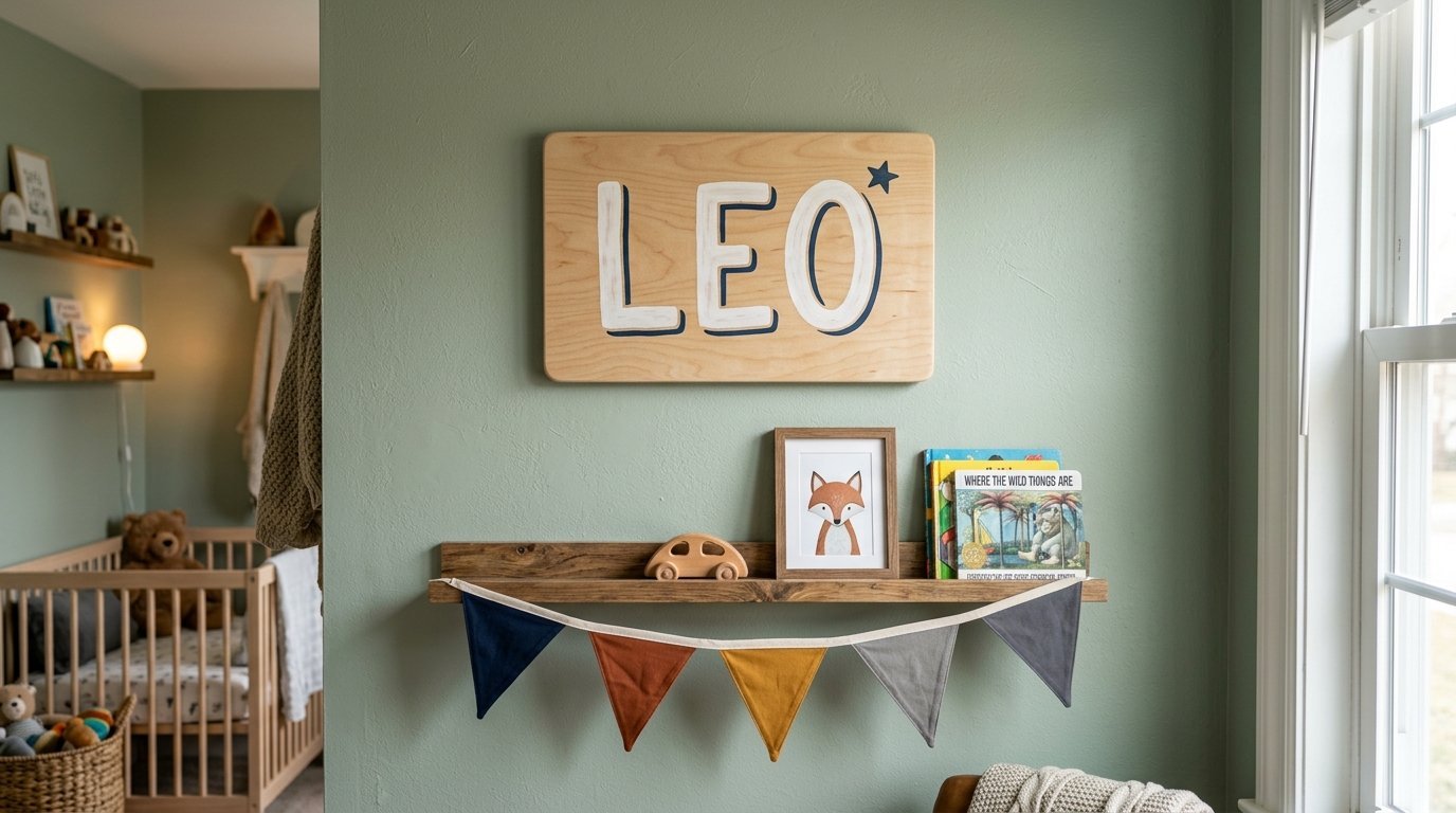 A wooden Leo sign on a sage green wall above a rustic shelf with books, a toy car, and a framed fox print.