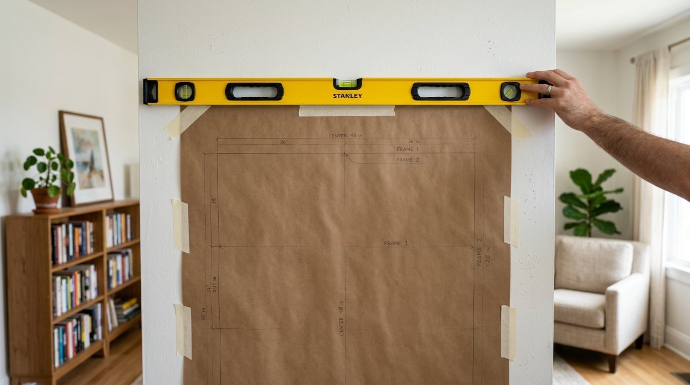 Hand holding a yellow level over brown craft paper taped to a wall for picture framing placement.