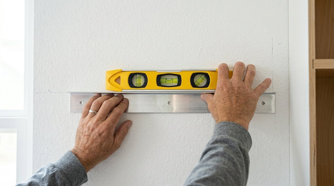 Close up of hands positioning a metal mounting rail on a white wall with a yellow leveling tool.