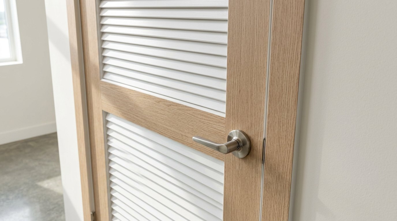 Close up of a wooden louvered door featuring white horizontal slats and a brushed metal handle.