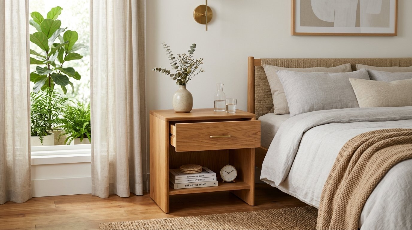 Modern oak bedside table with an open drawer and decor next to a bed with neutral bedding.