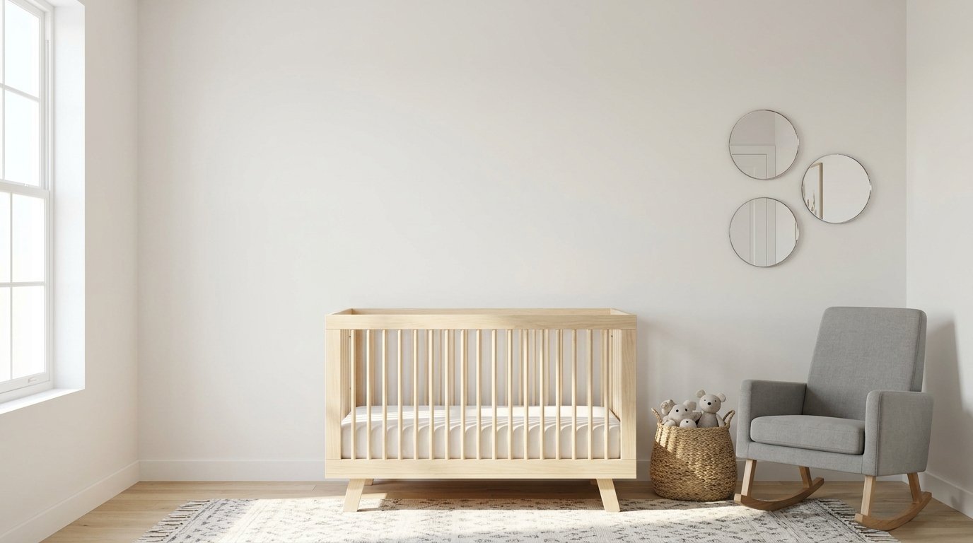 A wooden crib sits on a rug next to a grey rocking chair and a basket of stuffed animals under three round mirrors.