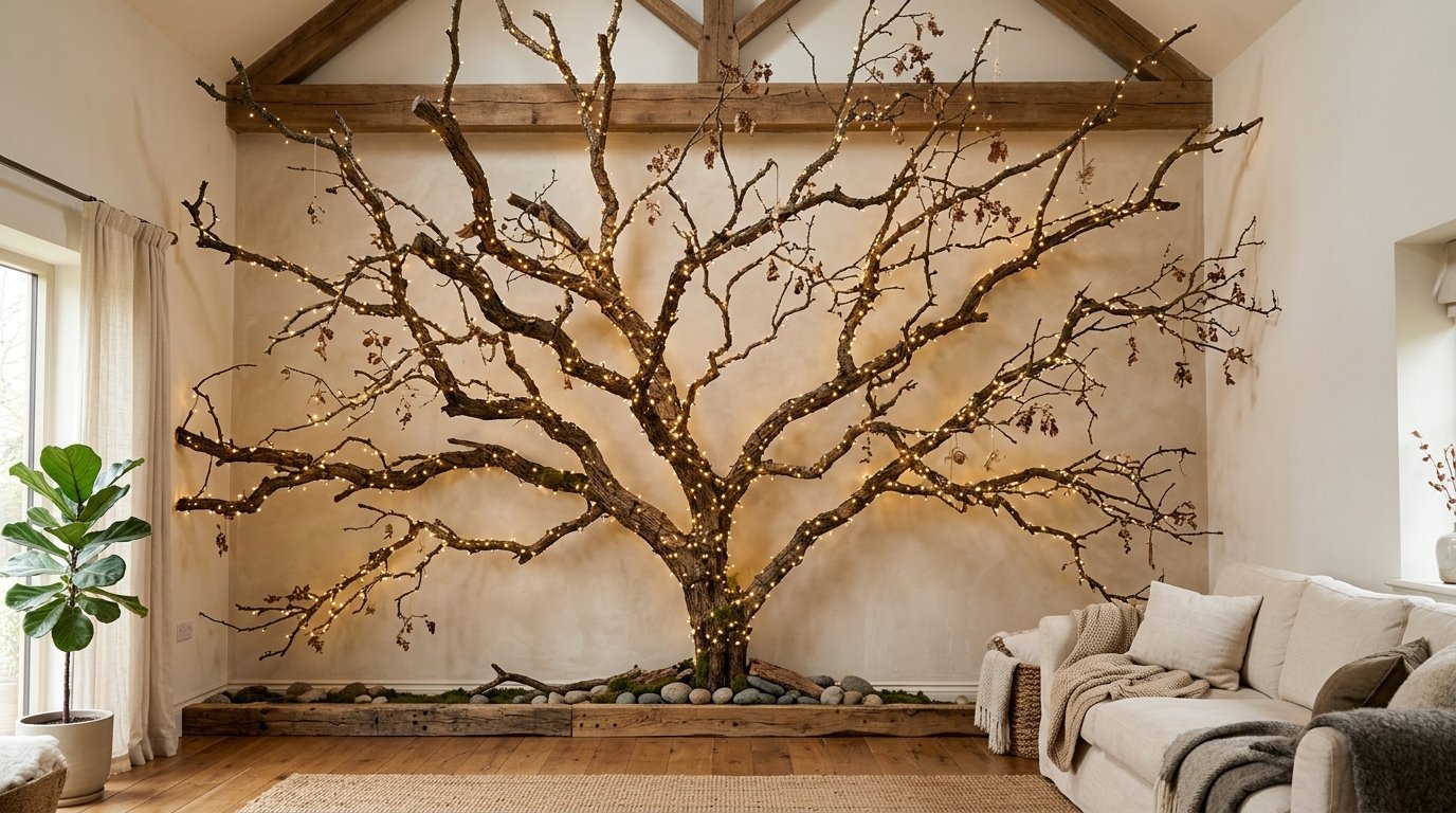 A rustic living room feature wall showing a large, bare tree branch adorned with warm string lights.