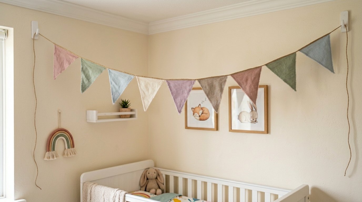 Multicolor fabric triangle banner draped across a nursery wall with framed animal illustrations.