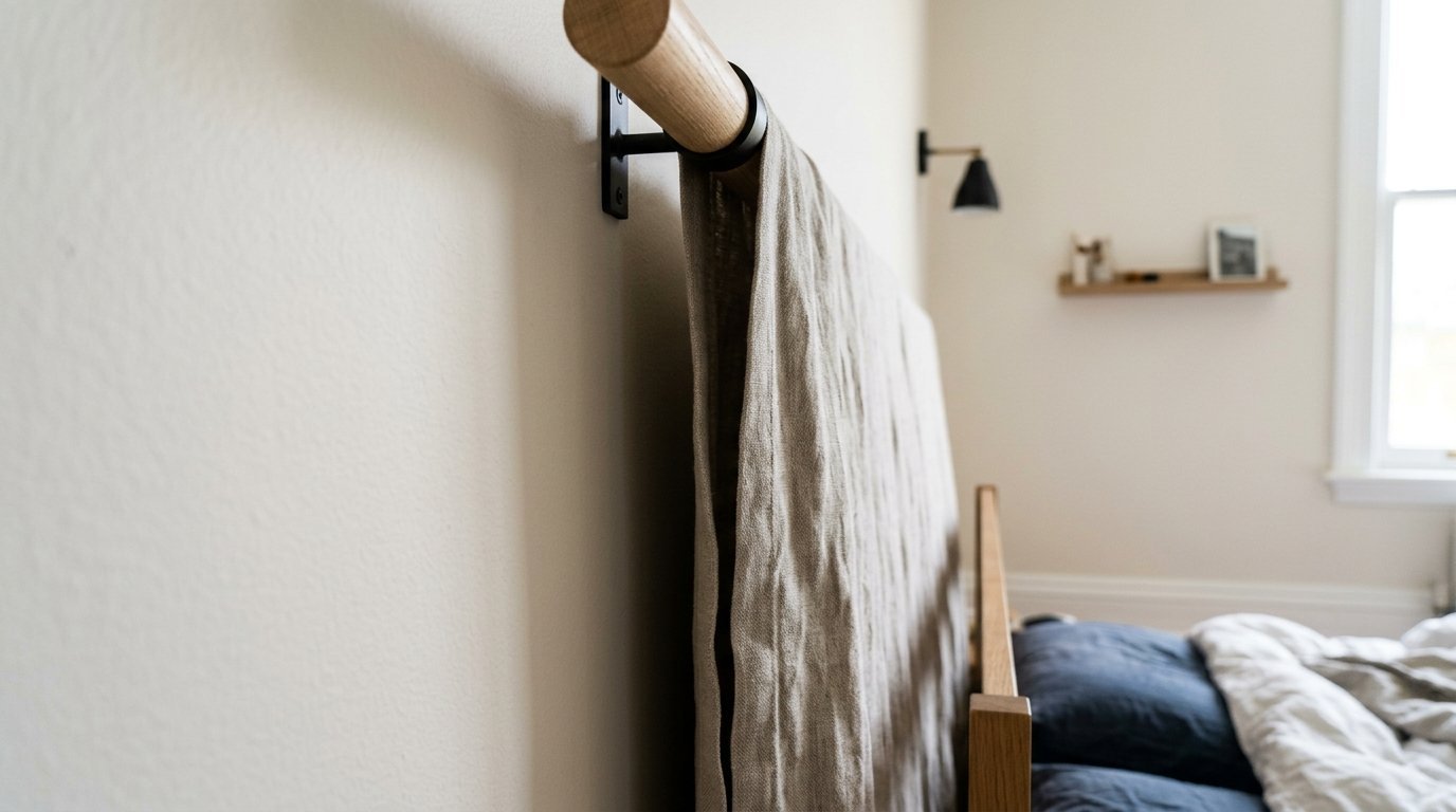 Close up of a beige fabric headboard draped over a light wood and black metal rod mounted on a white bedroom wall.