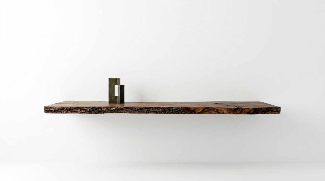 A live-edge wooden floating shelf featuring rough bark texture and a small metal sculpture.