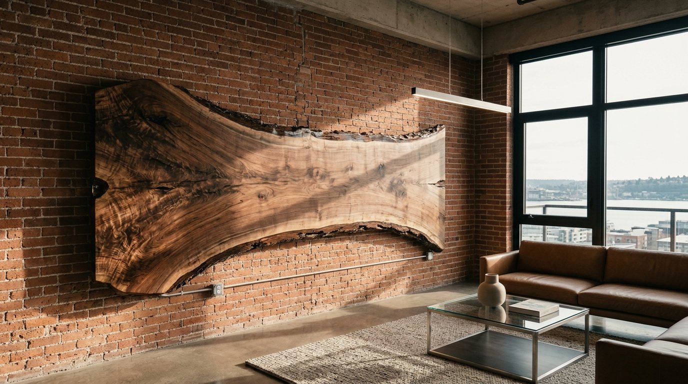 Large horizontal raw wood slab installation piece displayed in a modern loft with brick walls.