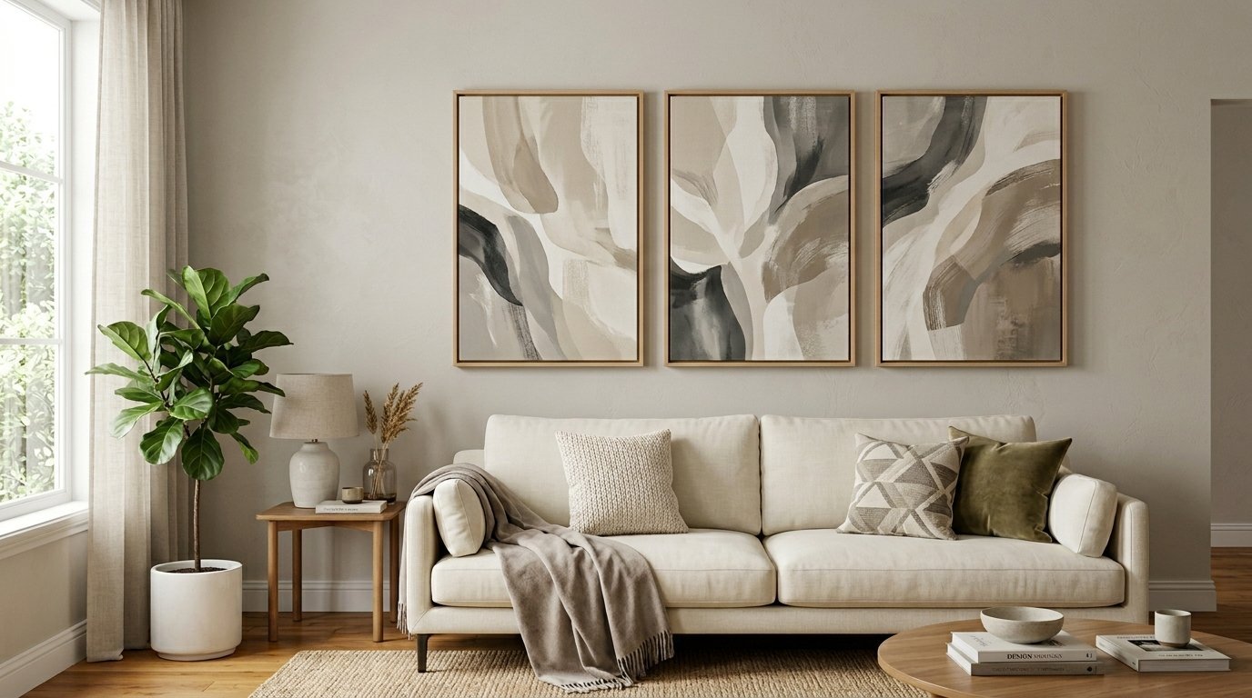 A beige sofa sits beneath three matching abstract wall art pieces in a sunlit living room with a potted fig tree.