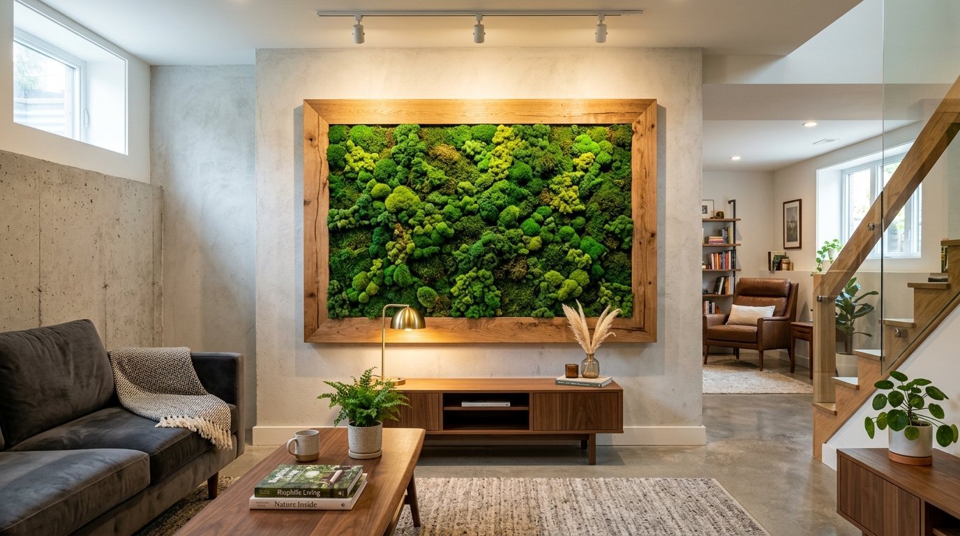 Modern basement living room featuring a framed green moss wall installation centered on a concrete accent wall.