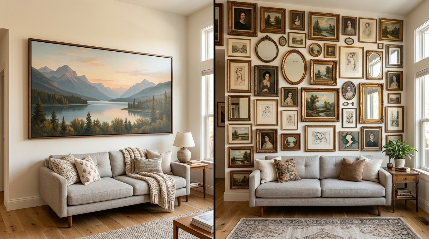 Split view showing a large mountain painting on one wall and a busy collection of framed pictures on the other wall.