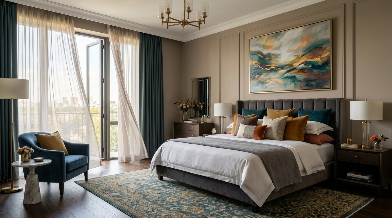 Modern bedroom with a grey upholstered bed, blue velvet armchair, and large abstract landscape painting.
