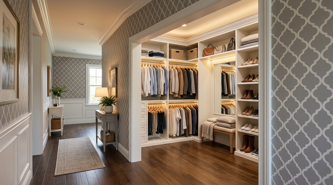 Spacious walk-in closet with hanging clothes, shelves of shoes, and a bench inside a home hallway.