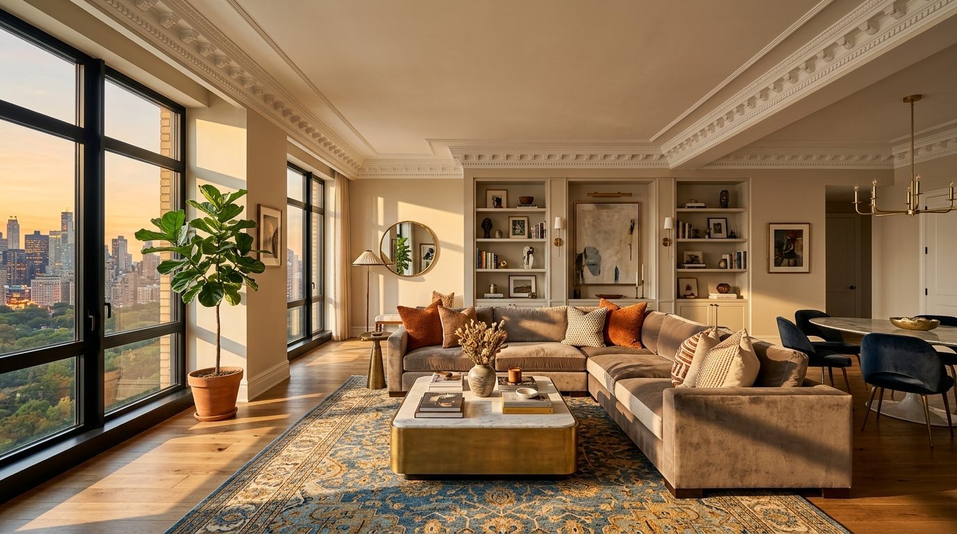 Modern living room with a brown velvet sectional, marble coffee table, and large window featuring NYC skyline views.